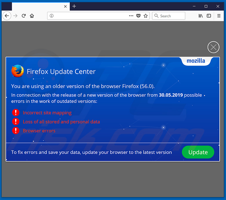 Website moedigt bezoekers aan om de Mozilla Firefox webbrowser te updaten