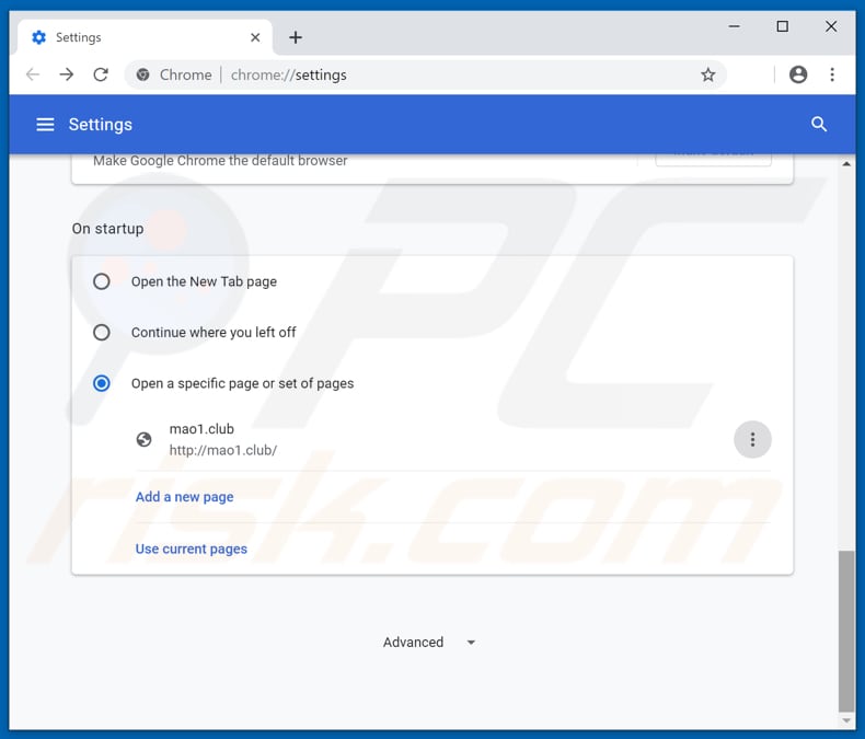 Verwijdering mao1.club uit Google Chrome startpagina