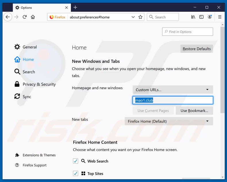 Verwijdering mao1.club uit Mozilla Firefox startpagina