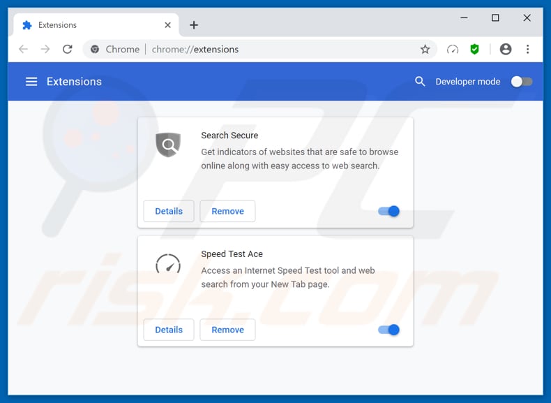 Verwijdering speedtestace.co gerelateerde Google Chrome extensies