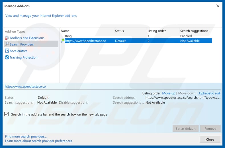 Verwijdering speedtestace.co uit Internet Explorer standaard zoekmachine