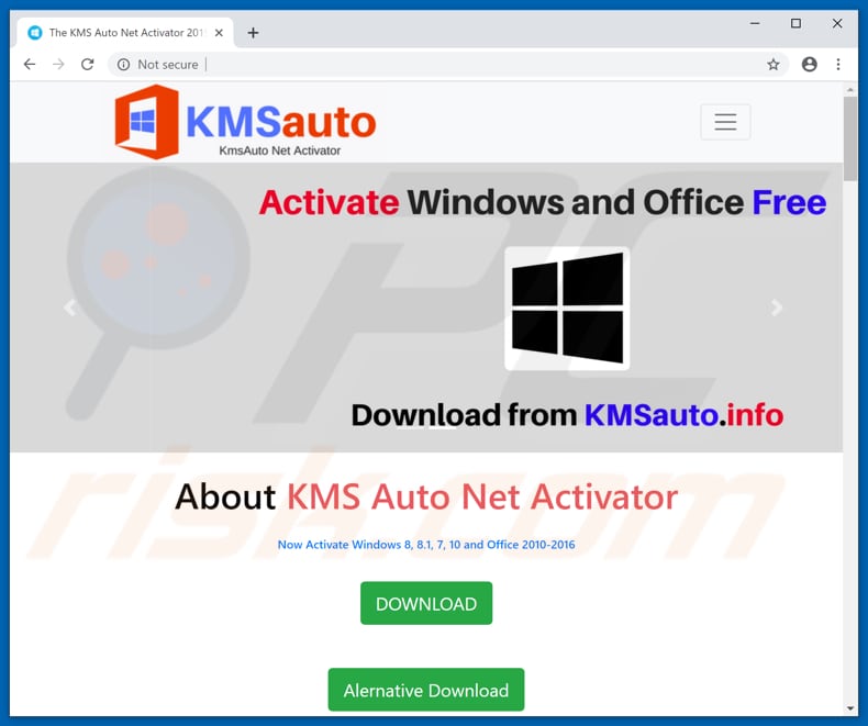 website die KMSAuto activatie tool promoot