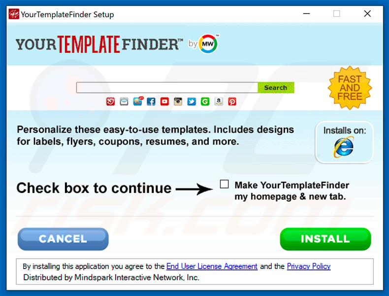 Officiele YourTemplateFinder browserkaper installatie setup