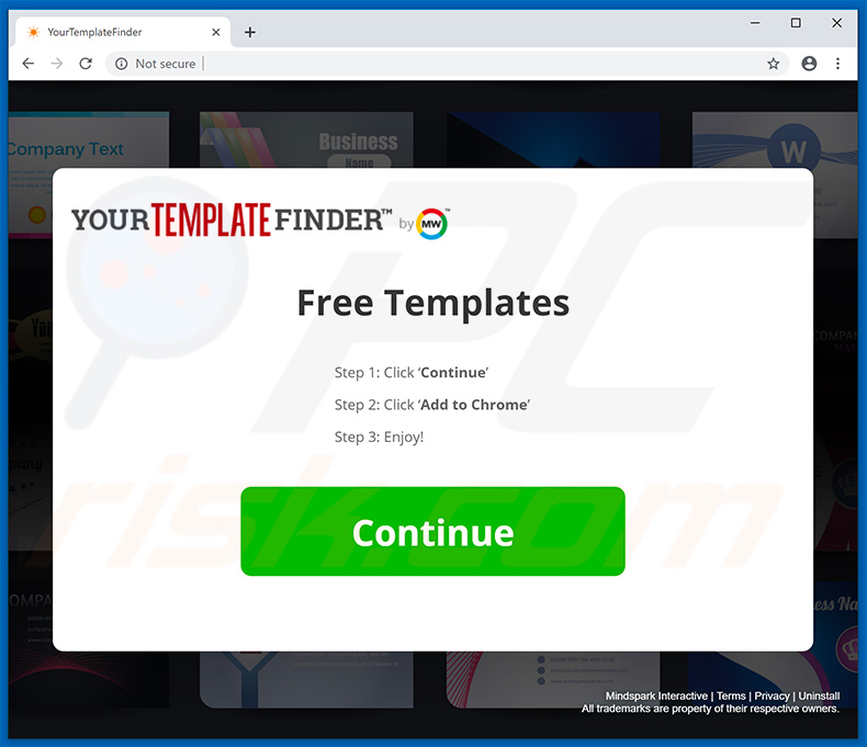 Website die de YourTemplateFinder browserkaper promoot