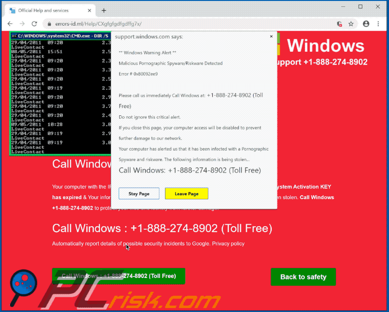 Error # 0x80092ee9 het uiterlijk van een scamwebsite