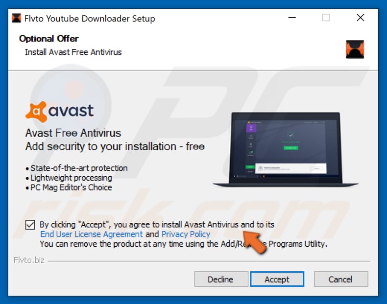 Avast gebundeld in de Flvto Youtube Downloader installatie setup