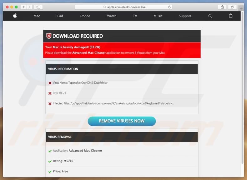 apple.com-shield-devices[.]live vertoont valse virus detecties