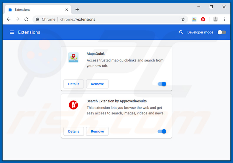 Verwijdering approvedresults.com gerelateerde Google Chrome extensies