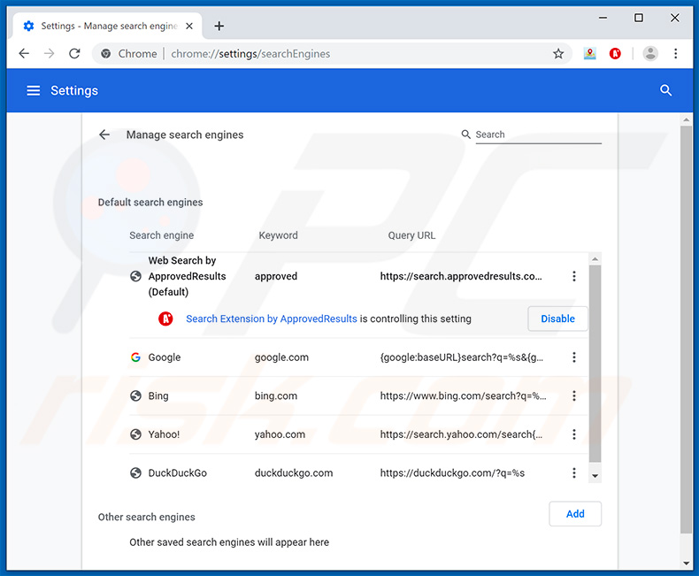 Verwijdering approvedresults.com uit Google Chrome standaard zoekmachine