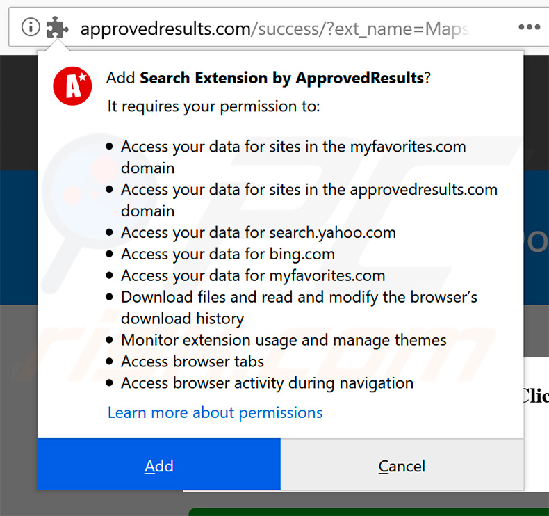 Officiele Search Extension door ApprovedResults vraagt toestemming