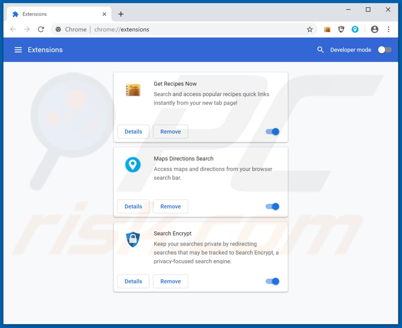 Removing search.hgetrecipesnow.com related Google Chrome extensions