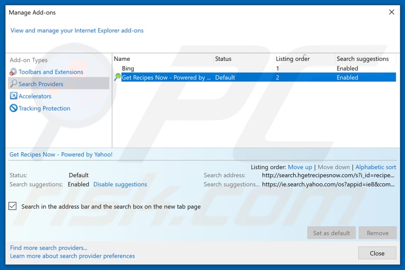 Removing search.hgetrecipesnow.com from Internet Explorer default search engine