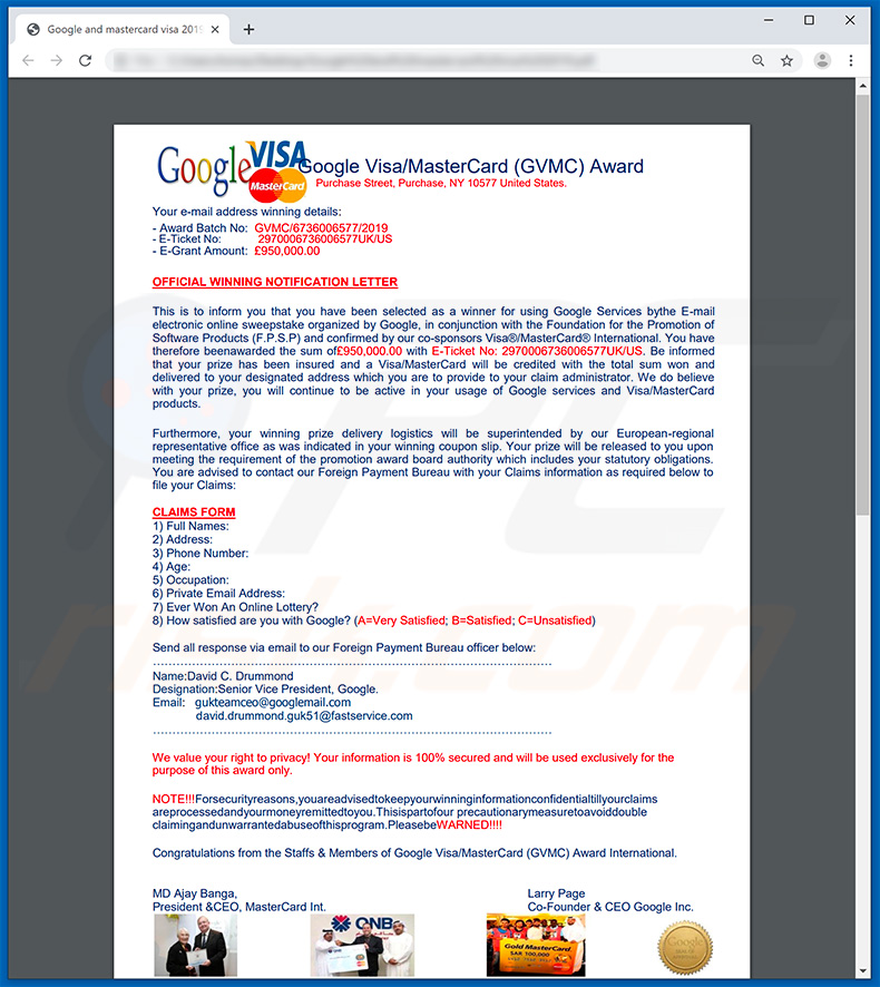 Google Winner e-mailspamcampagne attachment Official Winning Letter by Google and mastercard visa 2019.pdf