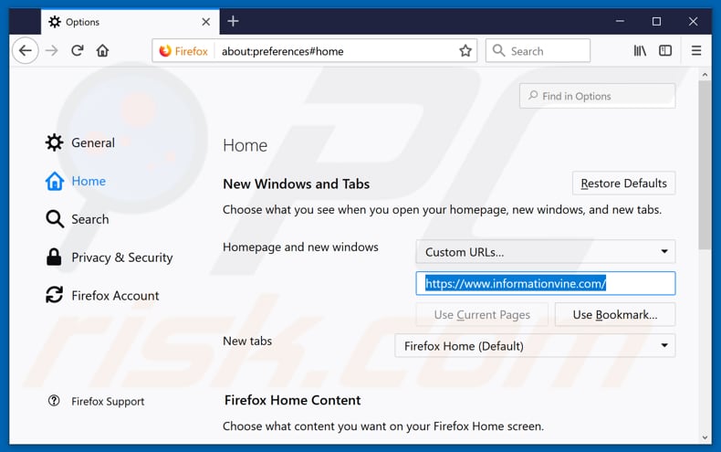 Verwijdering informationvine.com uit Mozilla Firefox startpagina
