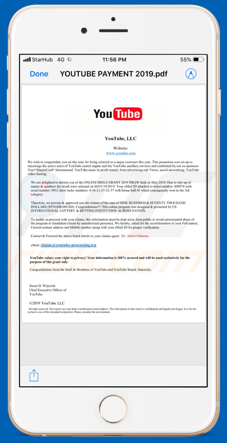 youtube lotttery oplichtingsemail bijlage