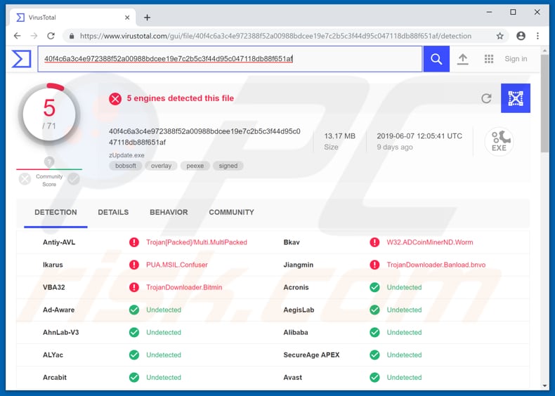 zupdater.exe wordt gedetecteerd als een bedreiging in virustotal