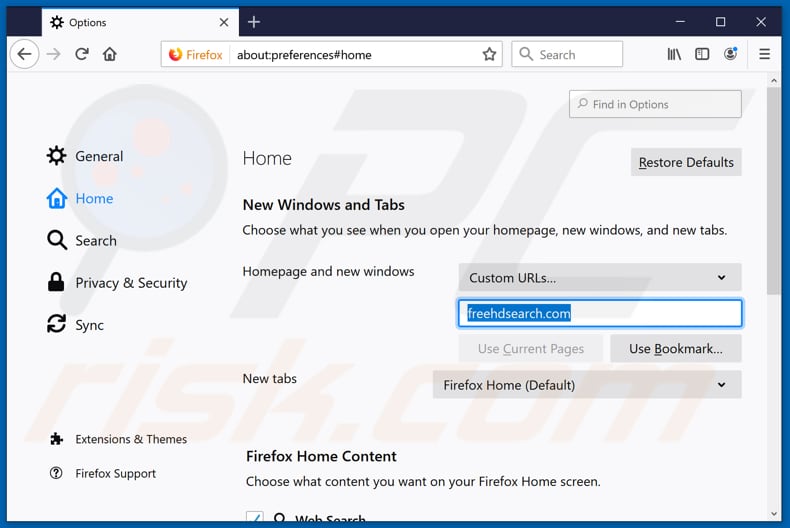 Freehdsearch.com als Mozilla Firefox homepage verwijderen