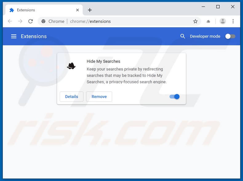 Verwijdering hidemysearches.com gerelateerde Google Chrome extensies