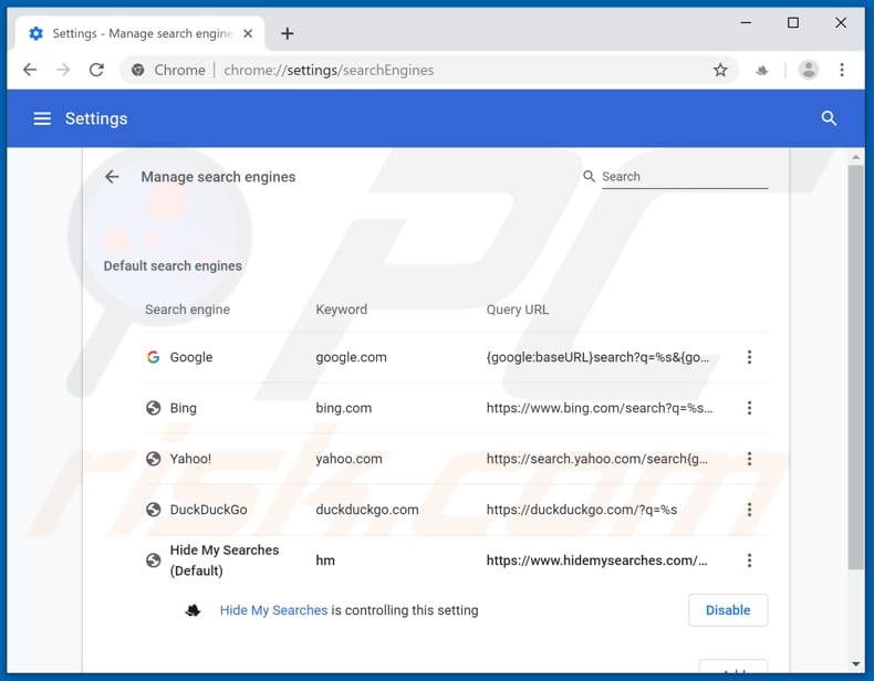 Verwijdering hidemysearches.com uit Google Chrome standaard zoekmachine