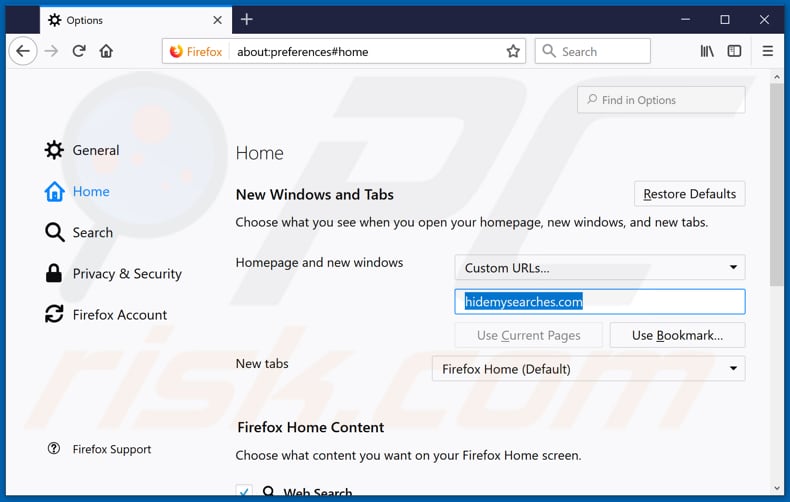 Verwijdering hidemysearches.com uit Mozilla Firefox startpagina