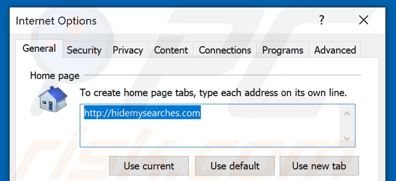 Verwijdering hidemysearches.com uit Internet Explorer startpagina