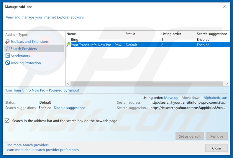 Verwijdering hidemysearches.com uit Internet Explorer standaard zoekmachine