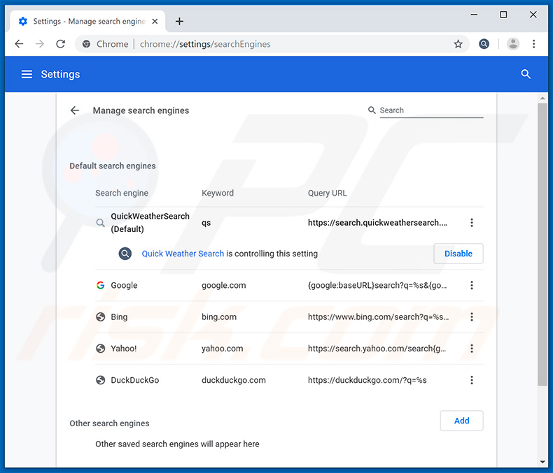 Verwijdering search.quickweathersearch.com uit Google Chrome standaard zoekmachine