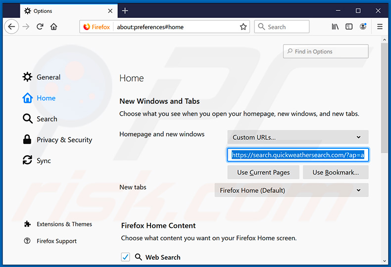 Verwijdering search.quickweathersearch.com uiy Mozilla Firefox startpagina