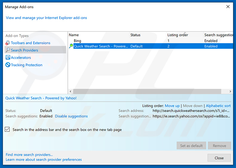 Verwijdering search.quickweathersearch.com uit Internet Explorer standaard zoekmachine