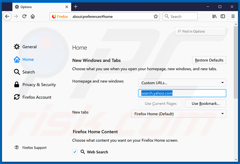 Verwijdering search.yahoo.com uit Mozilla Firefox startpagina