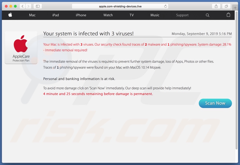 Screenshot van de apple.com-shielding-devices[.]live achtergrond pagina