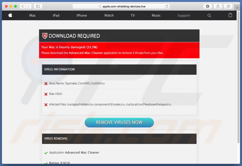 Valse systeem scanresultaten geleverd door apple.com-shielding-devices[.]live