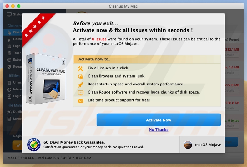 Screenshot van de Cleanup My Mac PUA die vraagt om geactiveerd te worden