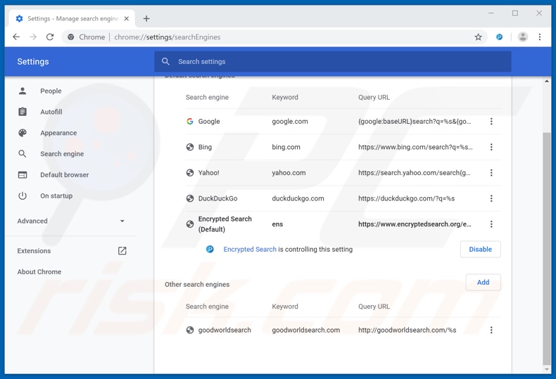 Verwijdering encryptedsearch.org uit Google Chrome standaard zoekmachine