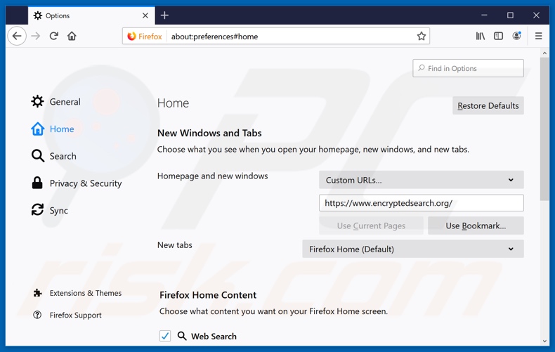Verwijdering encryptedsearch.org uit Mozilla Firefox startpagina