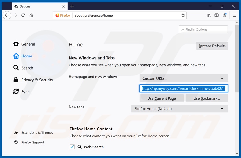 Verwijdering hp.myway.com uit Mozilla Firefox startpagina