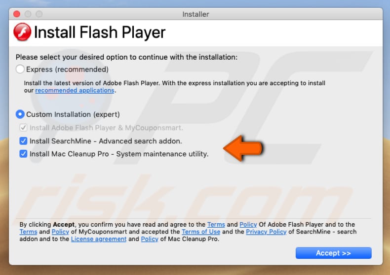 browserkaper gebundeld in een valse flash player installatie