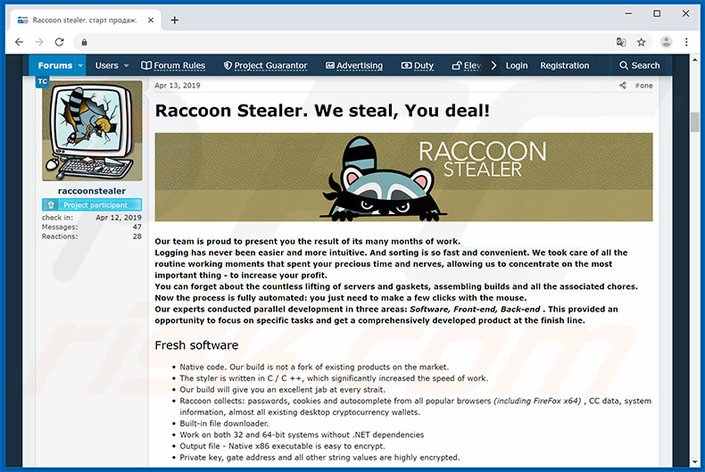 De ontwikkelaars promoten Raccoon Stealer in hackerforums