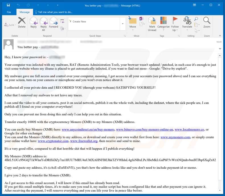 Sextortion Email (Monero) spamcampagne