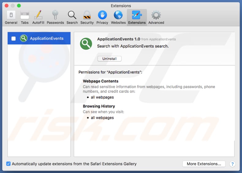 ApplicationEvents extensie geïnstalleerd op de Safari browser