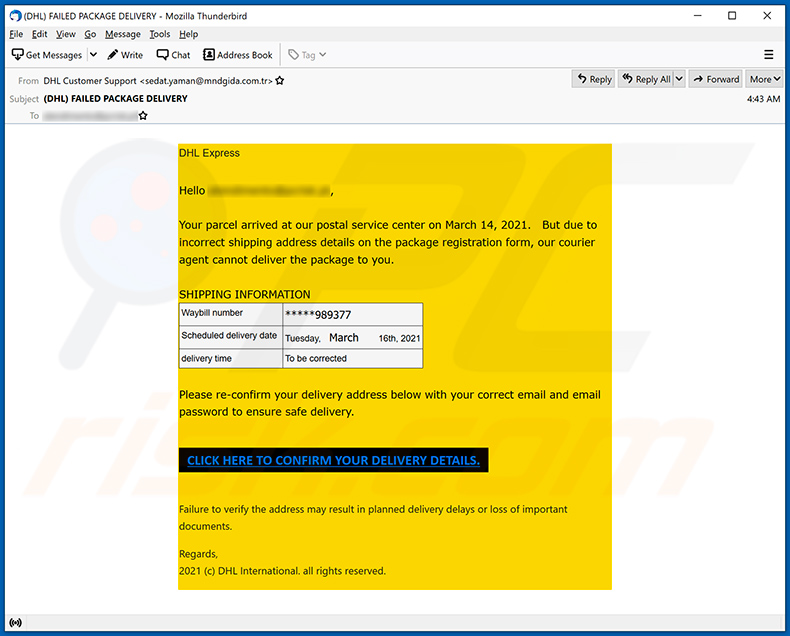 DHL Express-thema spam email het promoten van een phishing-site (2021-03-15)