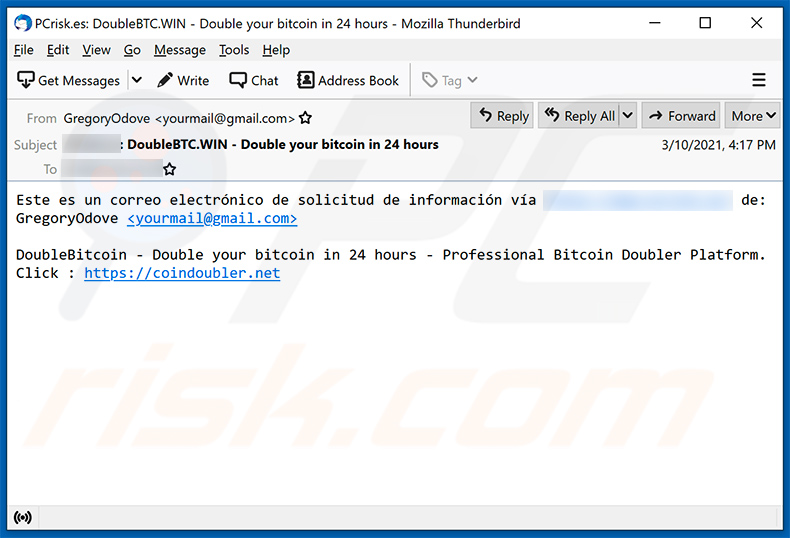 Oplichtingsmail promoot de Double Your BTC scam website (2021-03-15)