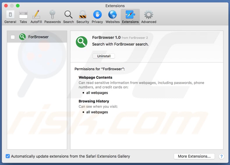 ForBrowser adware geinstalleerd op Safari