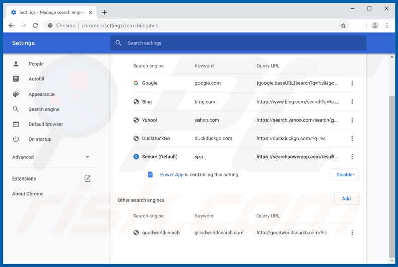 Verwijdering searchpowerapp.com uit Google Chrome standaard zoekmachine