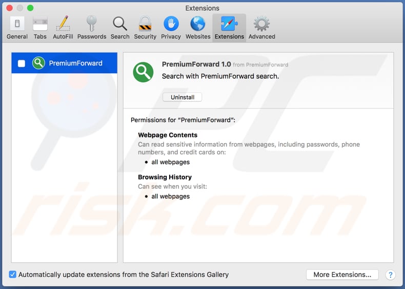 PremiumForward adware geinstalleerd op Safari browser