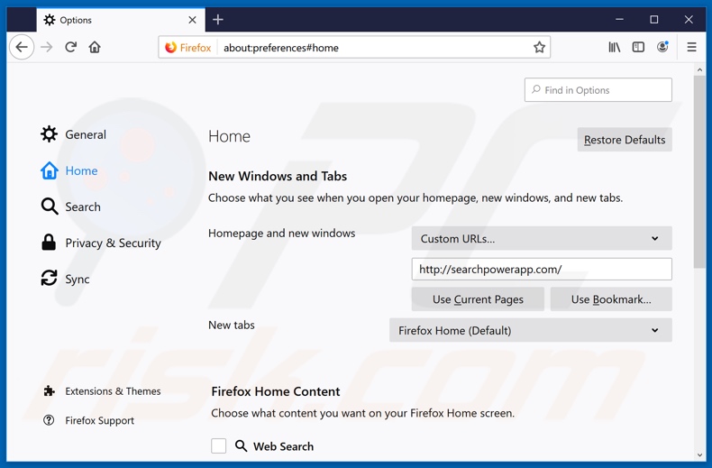 Verwijdering searchpowerapp.com uit Mozilla Firefox startpagina