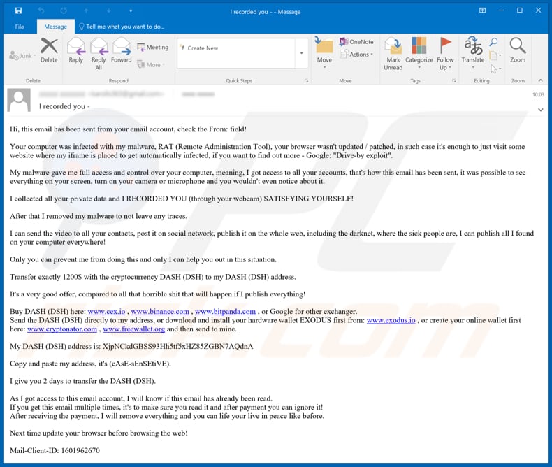 Sextortion E-mail (Dash) spamcampagne