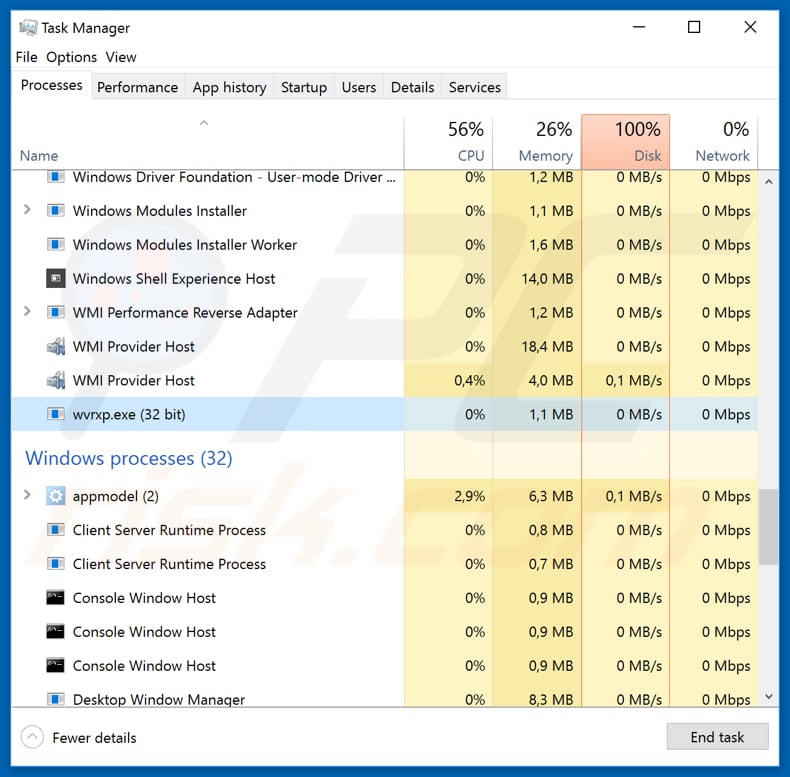 SystemBC kwaadaardig proces dat wordt uitgevoerd in Taakbeheer als wvrxp.exe