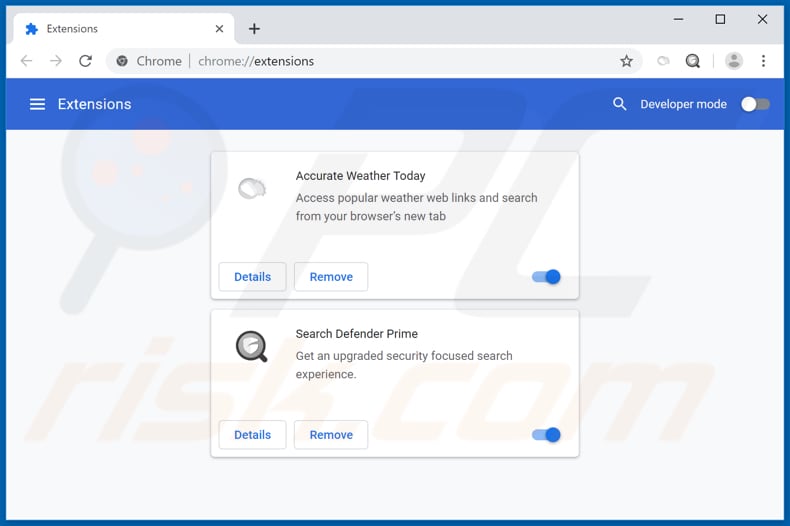 Verwijdering accurateweathertoday.com gerelateerde Google Chrome extensies
