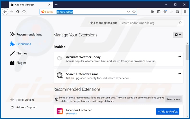 Verwijdering accurateweathertoday.com gerelateerde Mozilla Firefox extensies